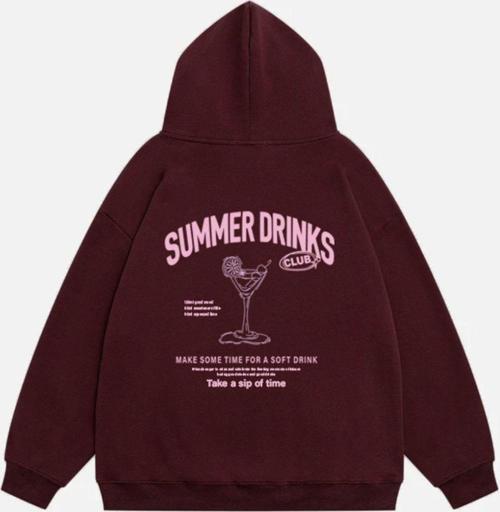 Kadın Summer Drinks Baskılı Kapüşonlu Polarlı Oversize Sweatshirt Bordo 2XL