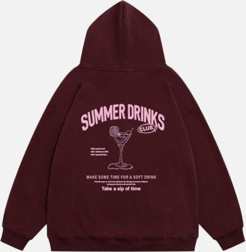 Kadın Summer Drinks Baskılı Kapüşonlu Polarlı Oversize Sweatshirt Bordo L