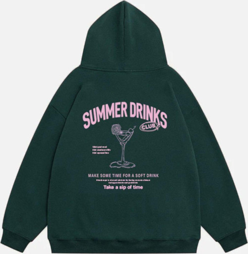 Kadın Summer Drinks Baskılı Kapüşonlu Polarlı Oversize Sweatshirt Koyu Yeşil M