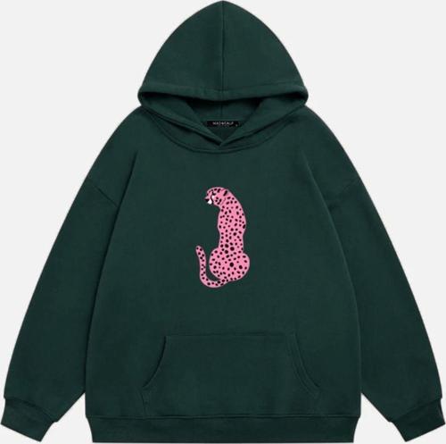 Kadın Pink Leopard Baskılı Kapüşonlu Polarlı Oversize Sweatshirt Koyu Yeşil S