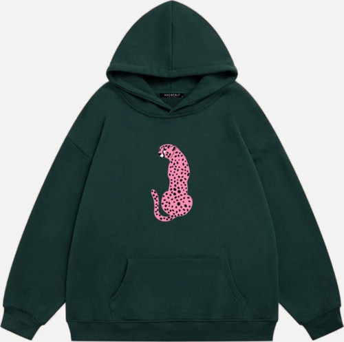 Kadın Pink Leopard Baskılı Kapüşonlu Polarlı Oversize Sweatshirt Koyu Yeşil XS