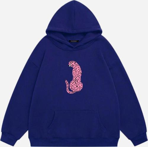 Kadın Pink Leopard Baskılı Kapüşonlu Polarlı Oversize Sweatshirt Saks 2XL