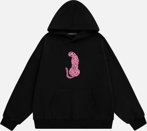 Kadın Pink Leopard Baskılı Kapüşonlu Polarlı Oversize Sweatshirt Siyah 2XL