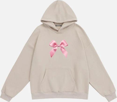 Kadın Pink Ribbon Baskılı Kapüşonlu Polarlı Oversize Sweatshirt Bej 2XL