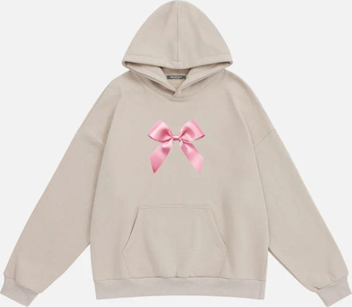 Kadın Pink Ribbon Baskılı Kapüşonlu Polarlı Oversize Sweatshirt Bej S