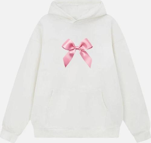 Kadın Pink Ribbon Baskılı Kapüşonlu Polarlı Oversize Sweatshirt Ekru 2XL