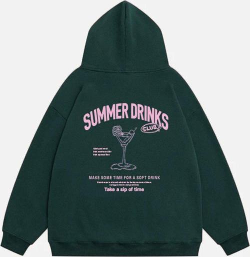 Kadın Summer Drinks Baskılı Kapüşonlu Polarlı Oversize Sweatshirt Koyu Yeşil S
