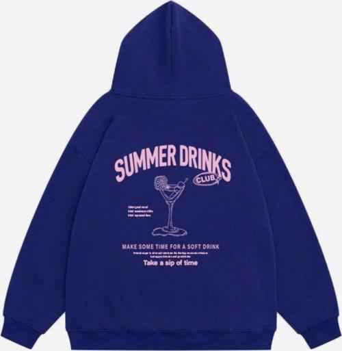 Kadın Summer Drinks Baskılı Kapüşonlu Polarlı Oversize Sweatshirt Saks 2XL