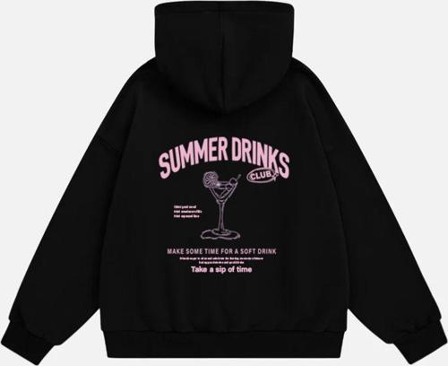 Kadın Summer Drinks Baskılı Kapüşonlu Polarlı Oversize Sweatshirt Siyah 2XL