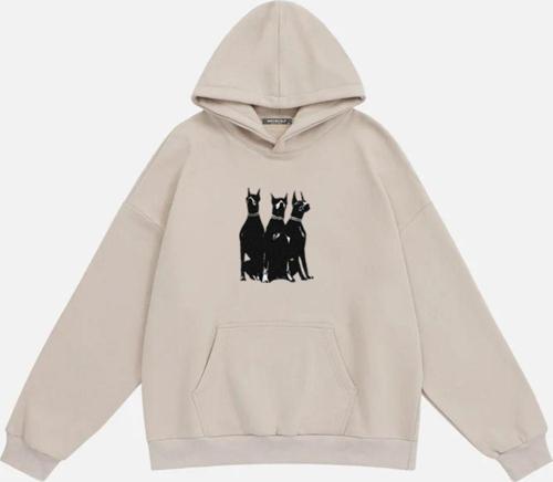 Unisex Doberman Baskılı Kapüşonlu Polarlı Oversize Sweatshirt Bej M