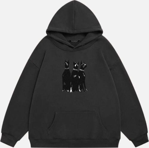 Unisex Doberman Baskılı Kapüşonlu Polarlı Oversize Sweatshirt Füme 2XL