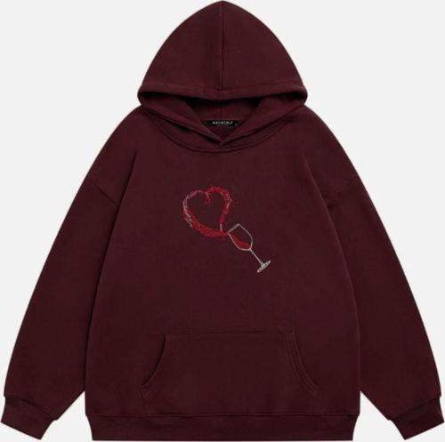 Kadın Wine Glass Taş Baskılı Kapüşonlu Polarlı Oversize Sweatshirt Bordo 2XL