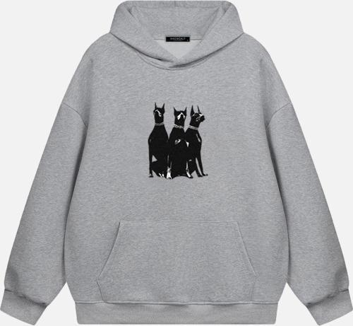 Unisex Doberman Baskılı Kapüşonlu Polarlı Oversize Sweatshirt Gri 2XL