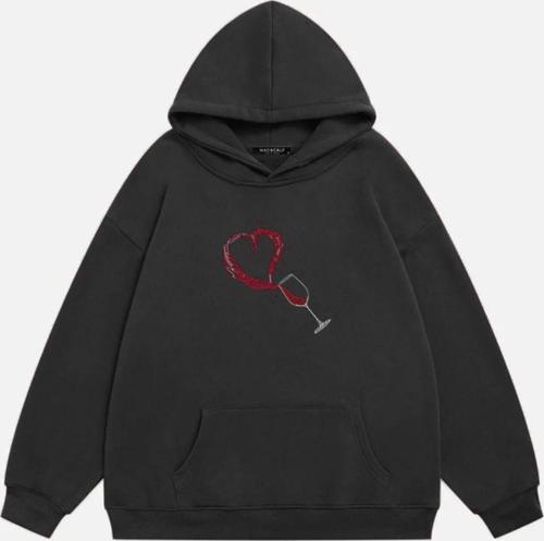 Kadın Wine Glass Taş Baskılı Kapüşonlu Polarlı Oversize Sweatshirt Füme 2XL