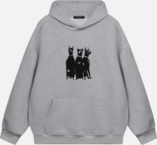 Unisex Doberman Baskılı Kapüşonlu Polarlı Oversize Sweatshirt Gri XL