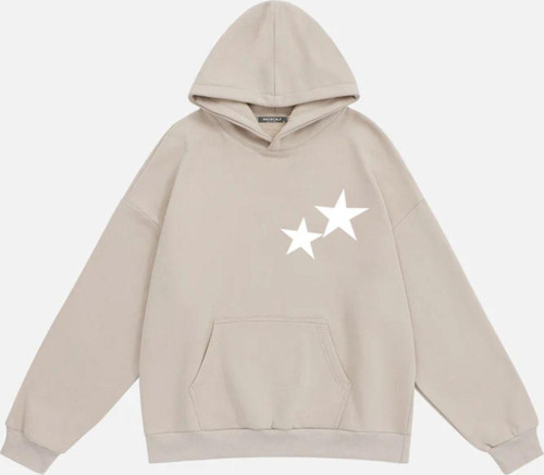 Unisex Double Star Baskılı Kapüşonlu Polarlı Oversize Sweatshirt Bej S