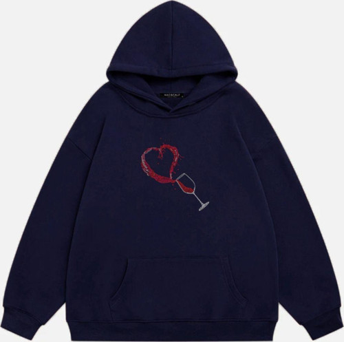 Kadın Wine Glass Taş Baskılı Kapüşonlu Polarlı Oversize Sweatshirt Lacivert S