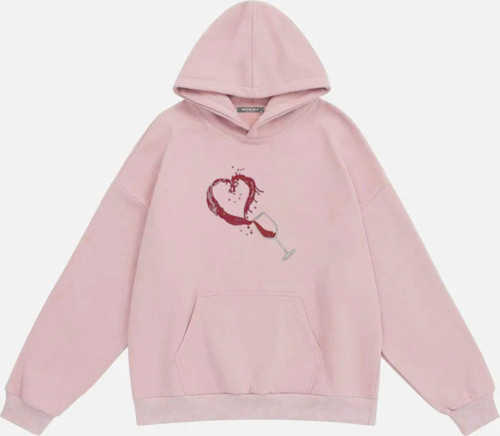 Kadın Wine Glass Taş Baskılı Kapüşonlu Polarlı Oversize Sweatshirt Pembe M