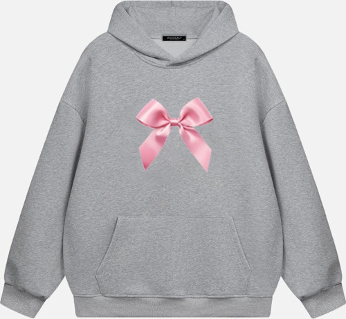 Kadın Pink Ribbon Baskılı Kapüşonlu Polarlı Oversize Sweatshirt Gri M