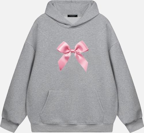 Kadın Pink Ribbon Baskılı Kapüşonlu Polarlı Oversize Sweatshirt Gri XS