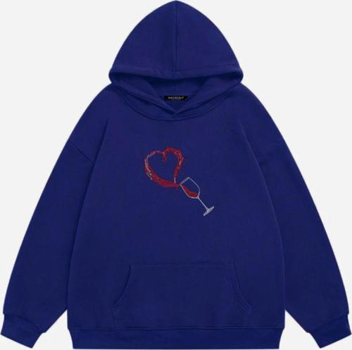 Kadın Wine Glass Taş Baskılı Kapüşonlu Polarlı Oversize Sweatshirt Saks XS