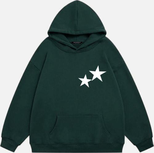 Unisex Double Star Baskılı Kapüşonlu Polarlı Oversize Sweatshirt Koyu Yeşil XS