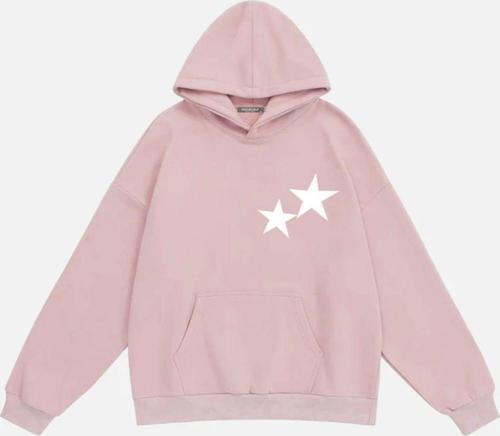 Unisex Double Star Baskılı Kapüşonlu Polarlı Oversize Sweatshirt Pembe 2XL