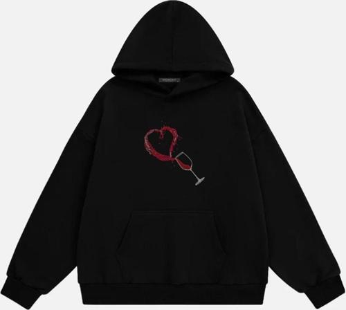 Kadın Wine Glass Taş Baskılı Kapüşonlu Polarlı Oversize Sweatshirt Siyah 2XL