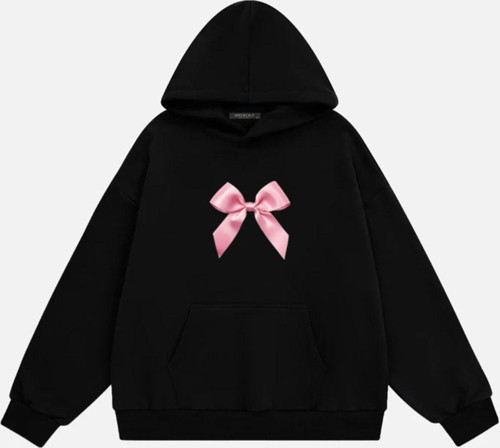 Kadın Pink Ribbon Baskılı Kapüşonlu Polarlı Oversize Sweatshirt Siyah M
