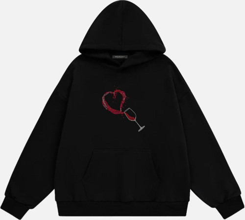 Kadın Wine Glass Taş Baskılı Kapüşonlu Polarlı Oversize Sweatshirt Siyah XS