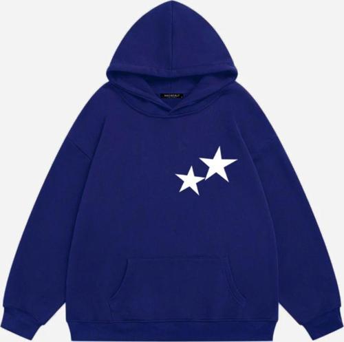 Unisex Double Star Baskılı Kapüşonlu Polarlı Oversize Sweatshirt Saks 2XL