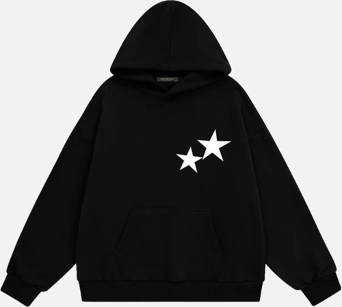 Unisex Double Star Baskılı Kapüşonlu Polarlı Oversize Sweatshirt Siyah S