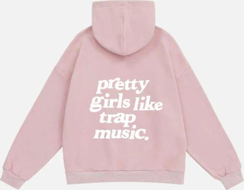 Kadın Pretty Girls Like Trap Music. Baskılı Kapüşonlu Polarlı Oversize Sweatshirt Pembe 2XL