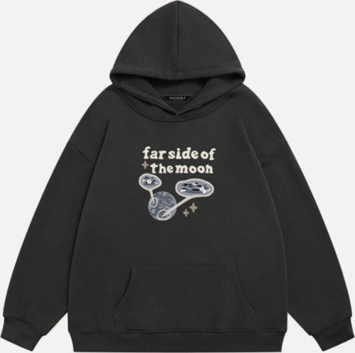 Unisex Farside Of The Moon Baskılı Kapüşonlu Polarlı Oversize Sweatshirt Füme S