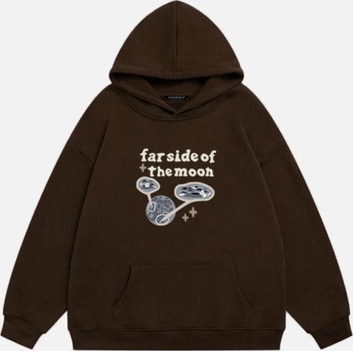 Unisex Farside Of The Moon Baskılı Kapüşonlu Polarlı Oversize Sweatshirt Kahverengi 2XL