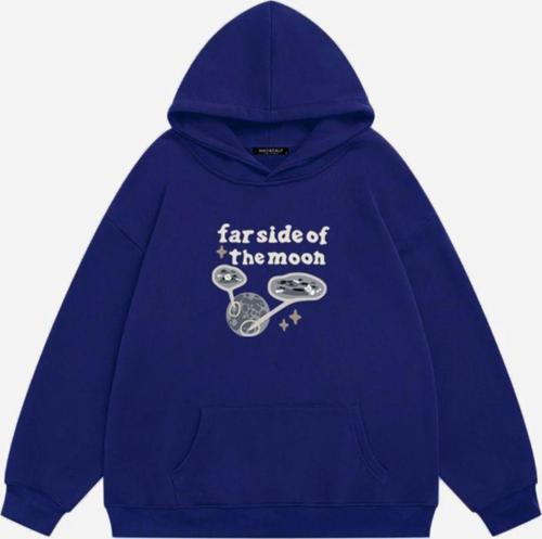 Unisex Farside Of The Moon Baskılı Kapüşonlu Polarlı Oversize Sweatshirt Saks 2XL