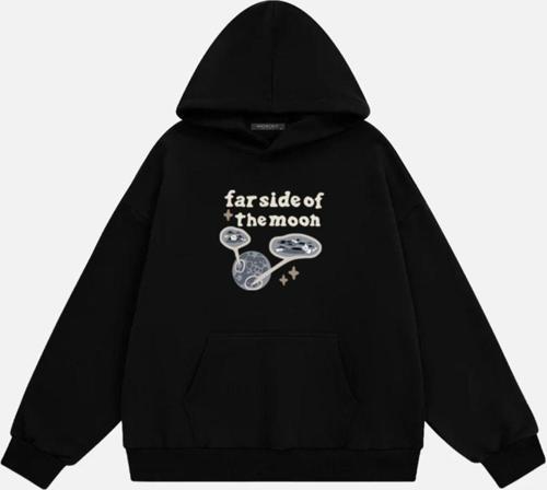 Unisex Farside Of The Moon Baskılı Kapüşonlu Polarlı Oversize Sweatshirt Siyah 2XL