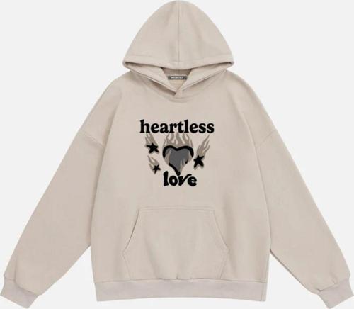 Unisex Heartless Love Baskılı Kapüşonlu Polarlı Oversize Sweatshirt Bej 2XL