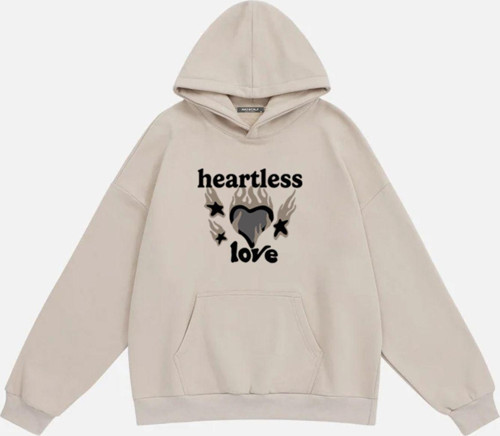 Unisex Heartless Love Baskılı Kapüşonlu Polarlı Oversize Sweatshirt Bej L