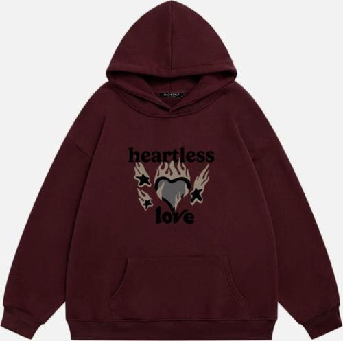 Unisex Heartless Love Baskılı Kapüşonlu Polarlı Oversize Sweatshirt Bordo 2XL