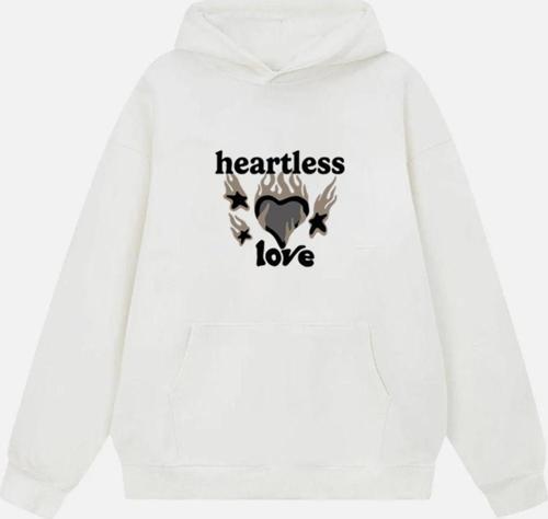 Unisex Heartless Love Baskılı Kapüşonlu Polarlı Oversize Sweatshirt Ekru 2XL