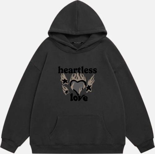 Unisex Heartless Love Baskılı Kapüşonlu Polarlı Oversize Sweatshirt Füme 2XL