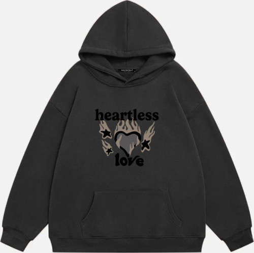 Unisex Heartless Love Baskılı Kapüşonlu Polarlı Oversize Sweatshirt Füme L