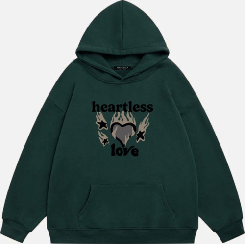 Unisex Heartless Love Baskılı Kapüşonlu Polarlı Oversize Sweatshirt Koyu Yeşil 2XL