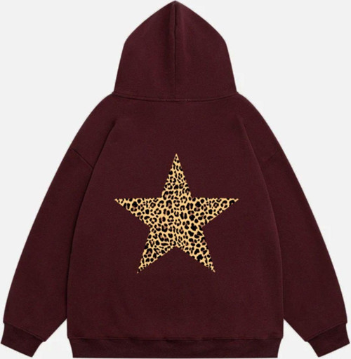 Kadın Star Leopard Baskılı Kapüşonlu Polarlı Oversize Sweatshirt Bordo S