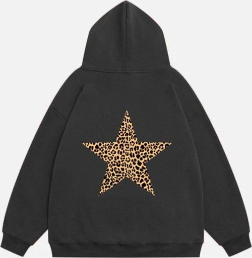 Kadın Star Leopard Baskılı Kapüşonlu Polarlı Oversize Sweatshirt Füme 2XL