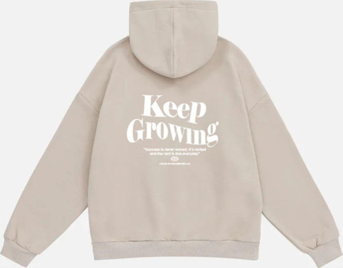 Unisex Keep Growing Baskılı Kapüşonlu Polarlı Oversize Sweatshirt Bej L