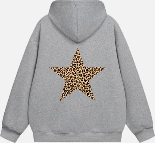 Kadın Star Leopard Baskılı Kapüşonlu Polarlı Oversize Sweatshirt Gri 2XL