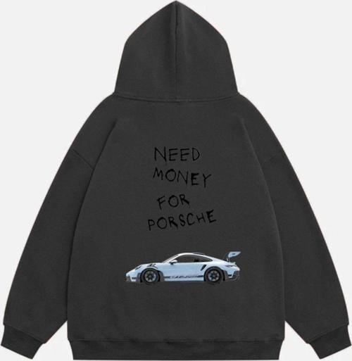 Unisex Need Money 4 Porsche Baskılı Kapüşonlu Polarlı Oversize Sweatshirt Füme M