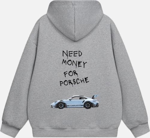 Unisex Need Money 4 Porsche Baskılı Kapüşonlu Polarlı Oversize Sweatshirt Gri 2XL